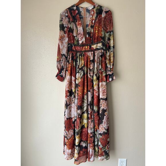 ❌SOLD❌ L'Atiste Burnt Orange Floral Semi Sheer Deep V Maxi Dress Size Small - Picture 3 of 11